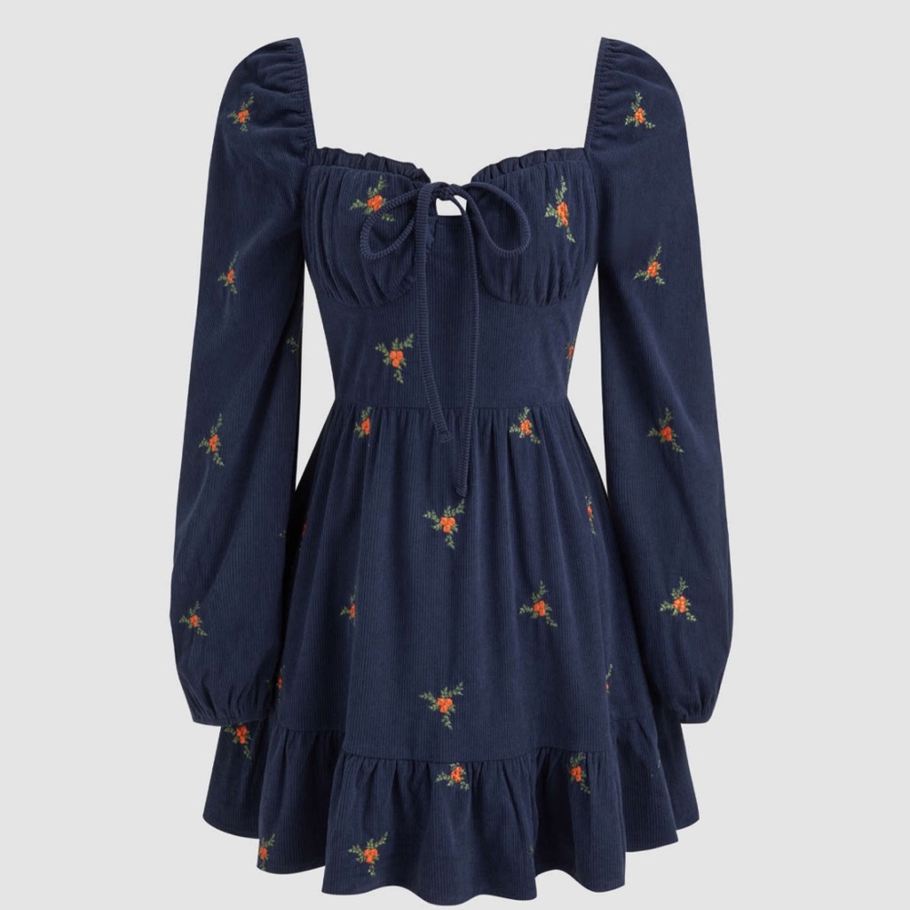 Cider Navy Puff Sleeve Ruffled dress with orange flowers